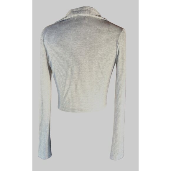 Ruched Front Ribbed Long Sleeve Crop Top With Collar - Picture 6 of 8